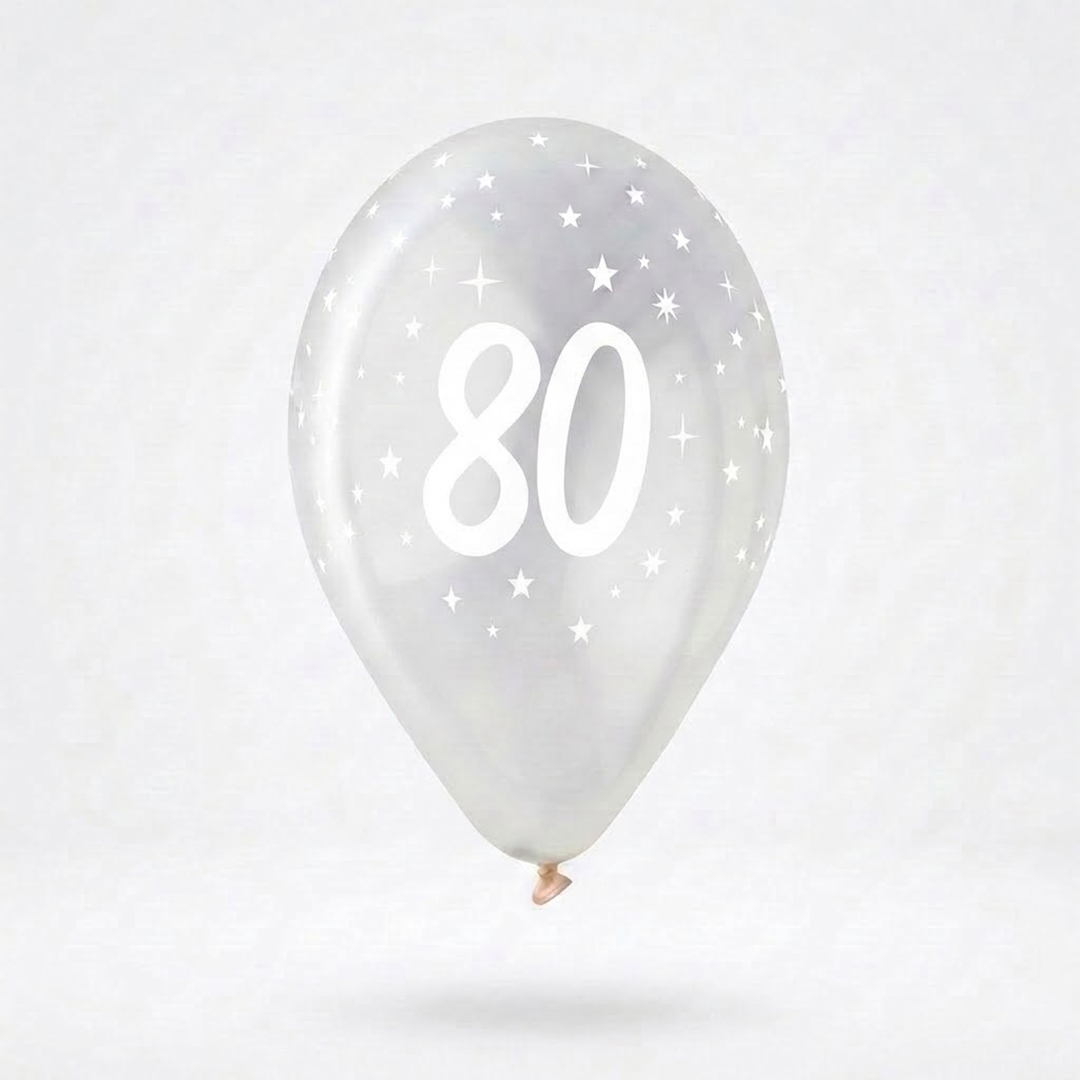 White 80th Birthday Print on Crystal Clear Latex Balloon 33cm / 13 in - Single