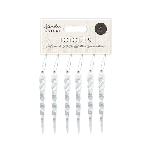 White Acrylic Glitter Icicle Christmas Hanging Decorations 12cm - Pack of 6 Product Image