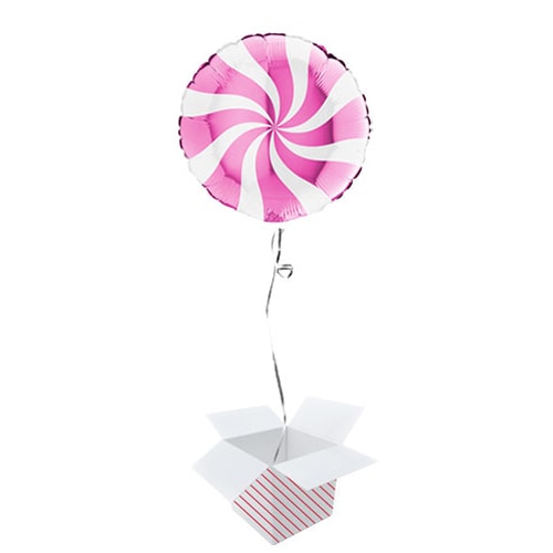 White & Hot Pink Candy Swirl Round Foil Helium Balloon - Inflated Balloon in a Box Product Image