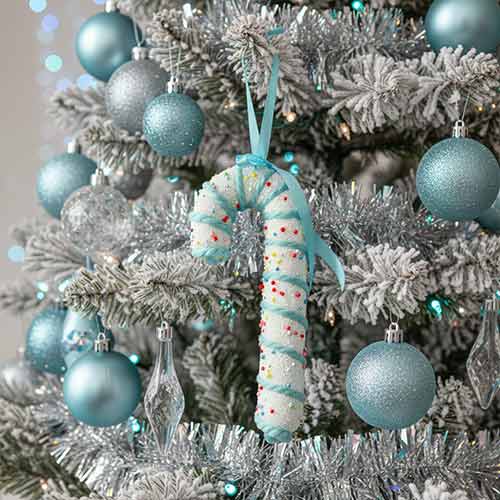 White Candy Cane with Blue Ribbon Hanging Christmas Decoration 17cm