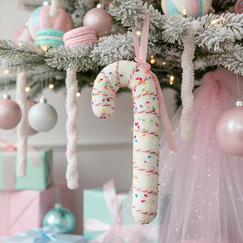 White Candy Cane with Pink Ribbon Hanging Christmas Decoration 17cm