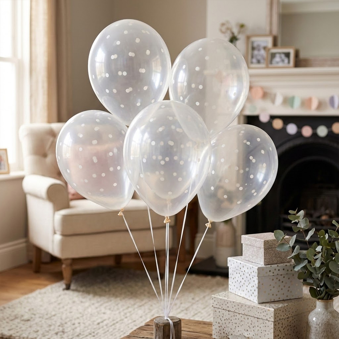 White Chic Dots Print on Crystal Clear Latex Balloon 33cm / 13 in - Single View 2