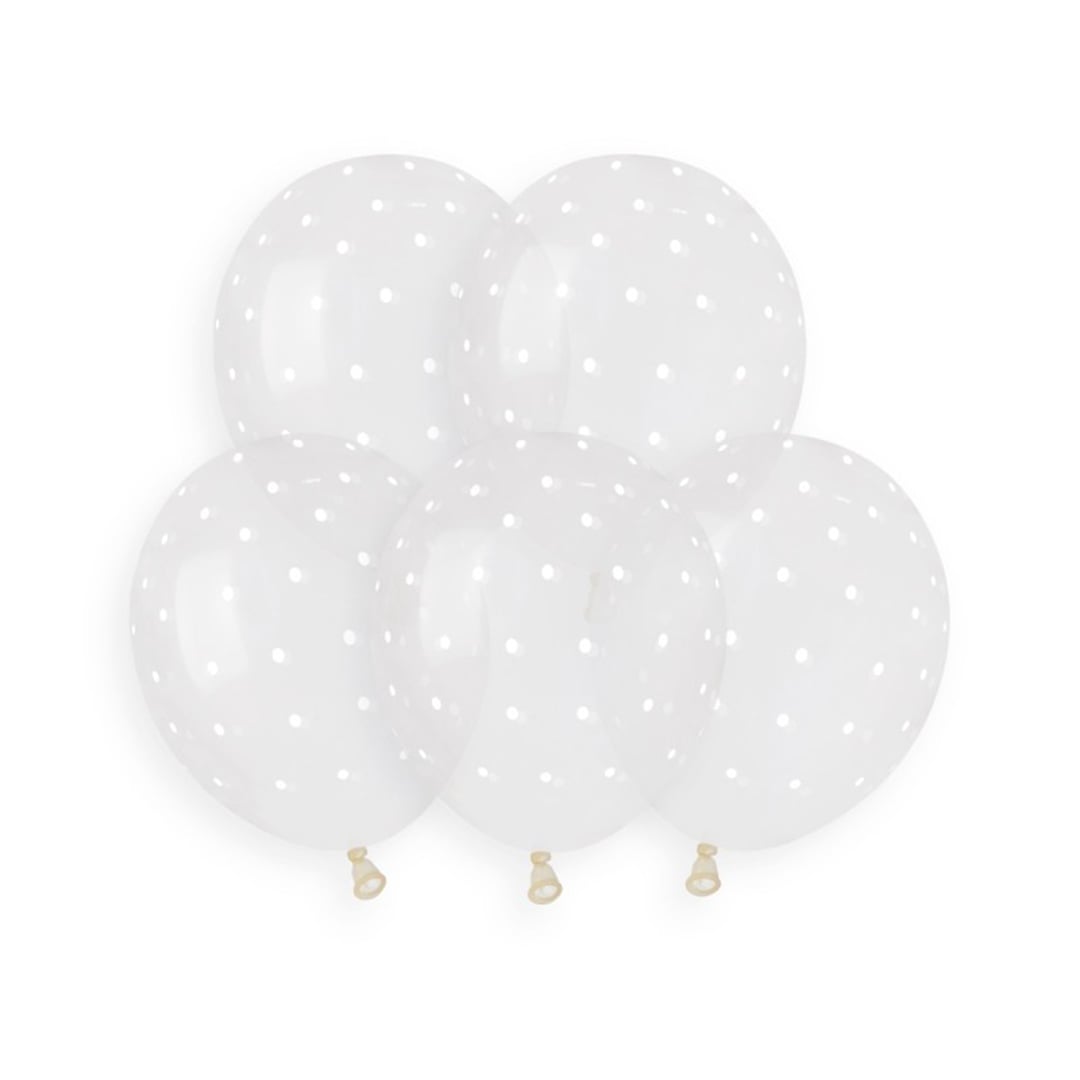 White Chic Dots Print on Crystal Clear Latex Balloons 13cm / 5 in - Pack of 50