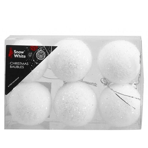 White Flock Baubles Christmas Tree Decorations 5cm - Pack of 6 Product Image