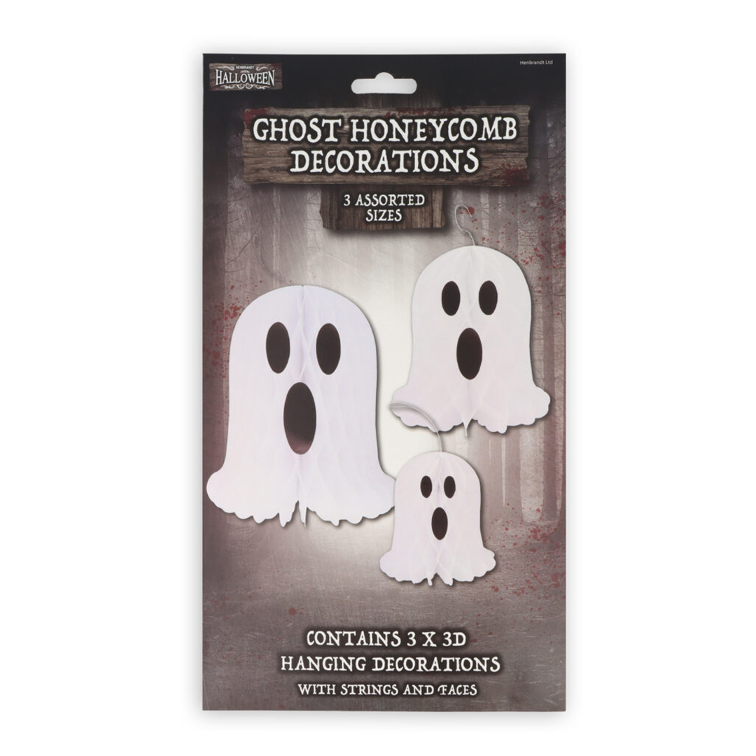 White Ghost 3D Halloween Honeycomb Paper Hanging Decorations - Pack of 3 View 3