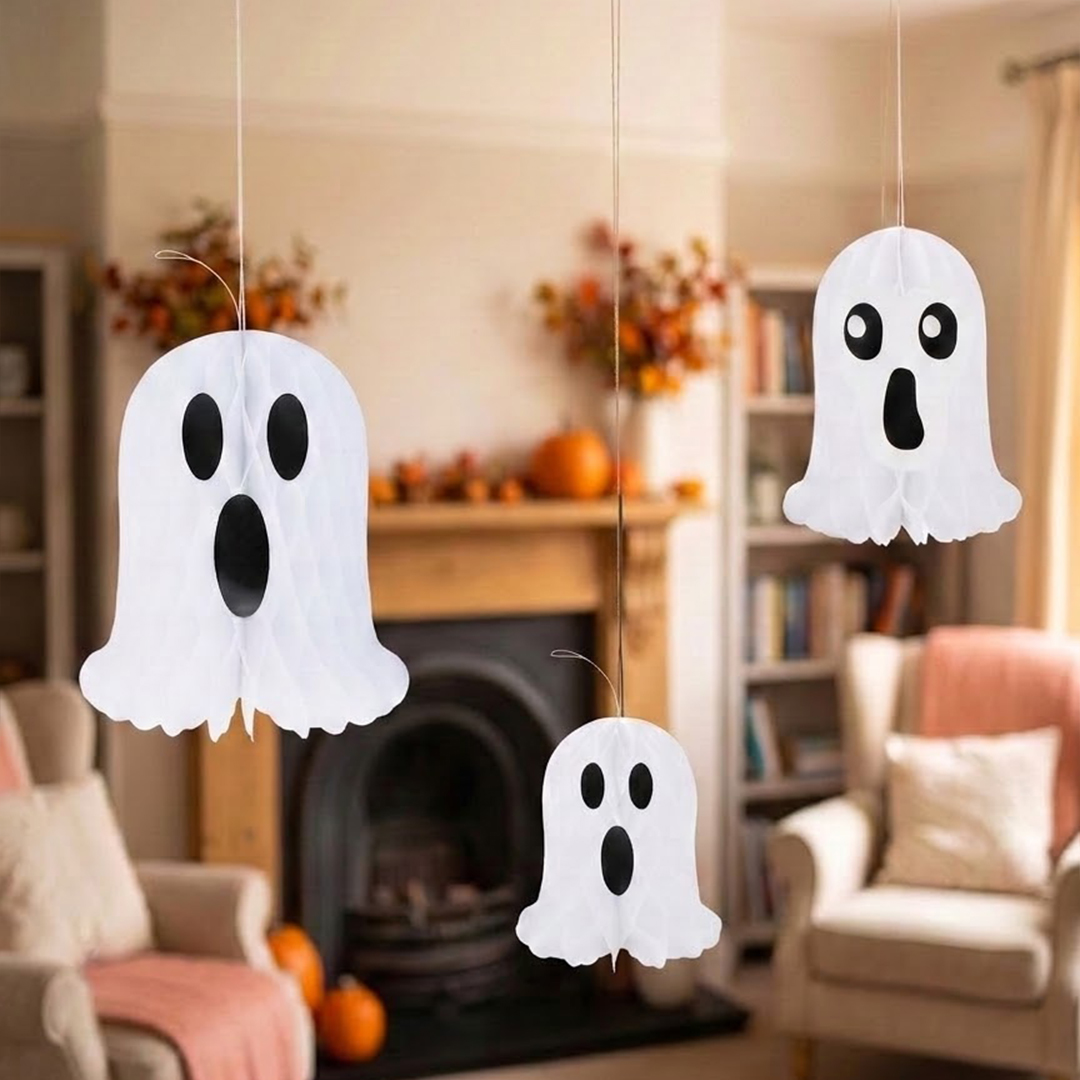 White Ghost 3D Halloween Honeycomb Paper Hanging Decorations - Pack of 3 View 2