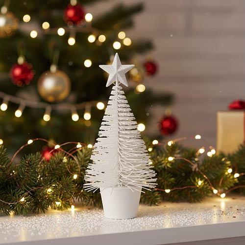White Glitter Bottle Brush Christmas Tree Decoration 14cm