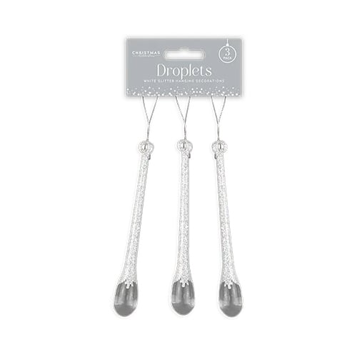 White Glitter Droplet Christmas Hanging Decorations - Pack of 3 Product Image