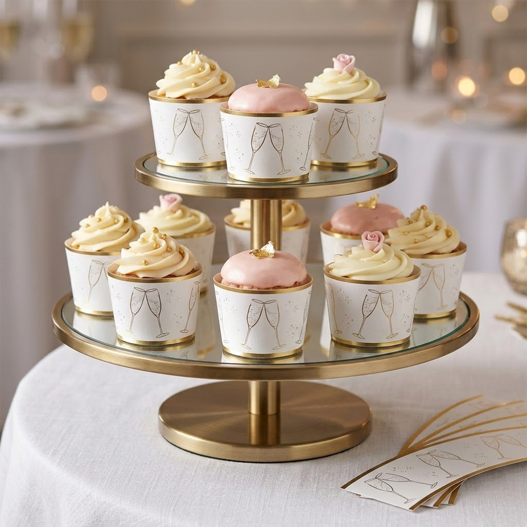 White Golden Champagne Glass Paper Cupcake Wraps - Pack of 12