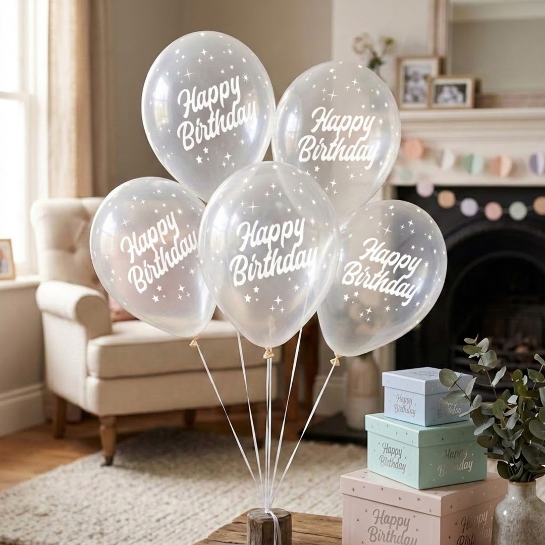 White Happy Birthday Print on Crystal Clear Latex Balloon 33cm / 13 in - Single View 2