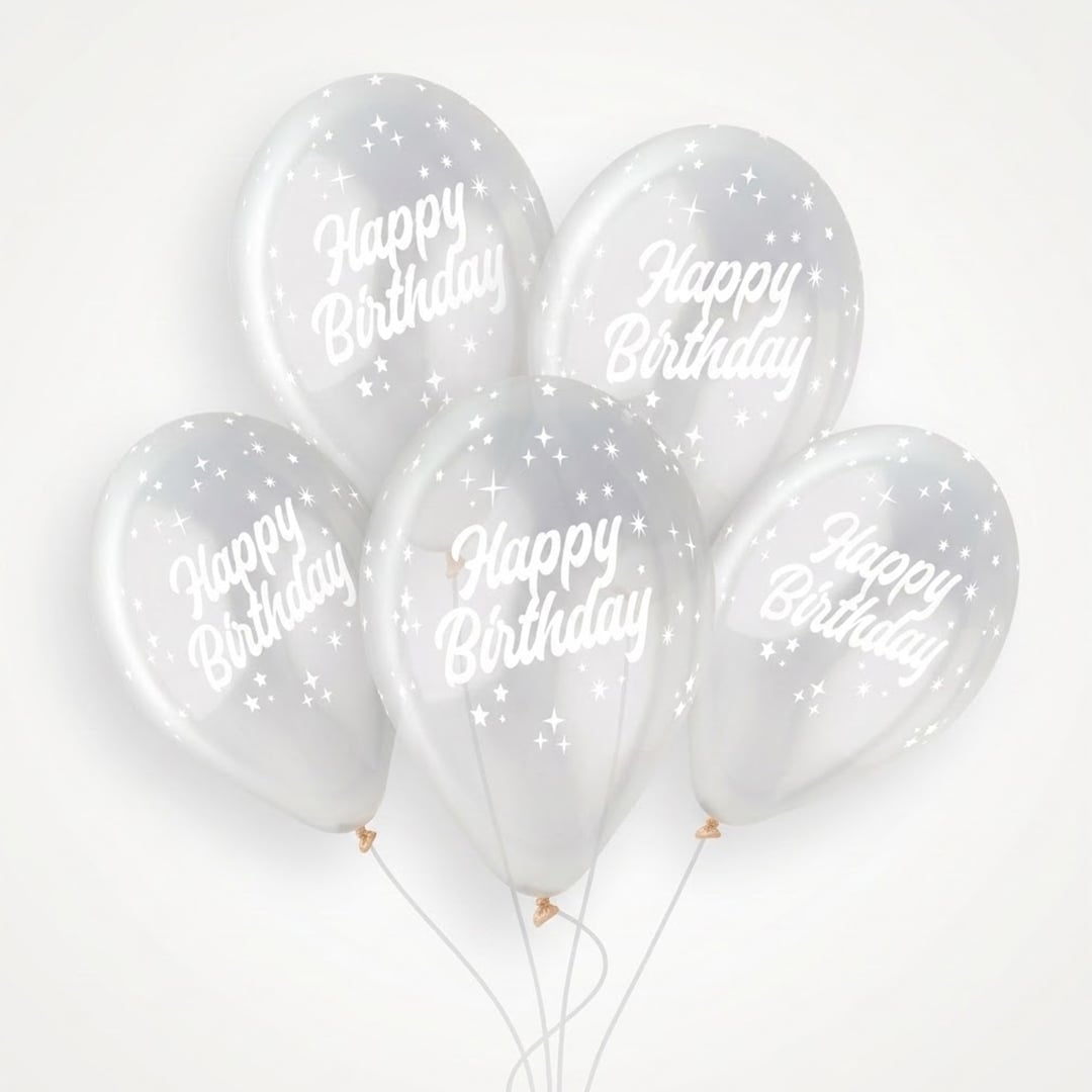 White Happy Birthday Print on Crystal Clear Latex Balloon 33cm / 13 in - Single View 3