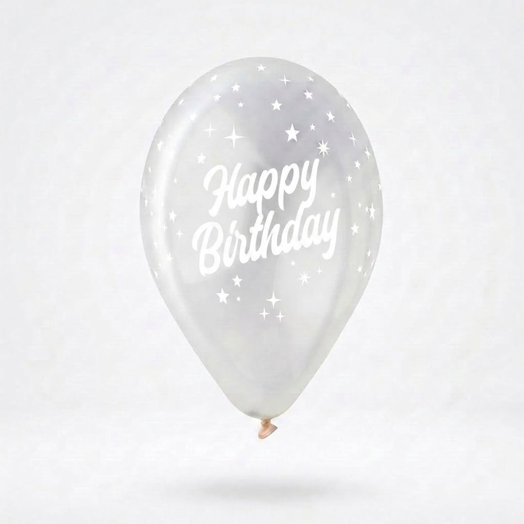 White Happy Birthday Print on Crystal Clear Latex Balloon 33cm / 13 in - Single