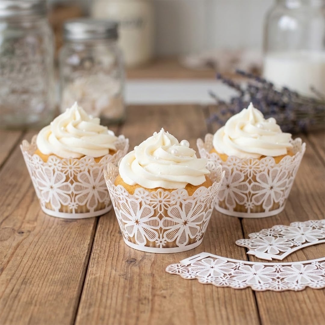 White Lace Flower Paper Cupcake Wraps - Pack of 12