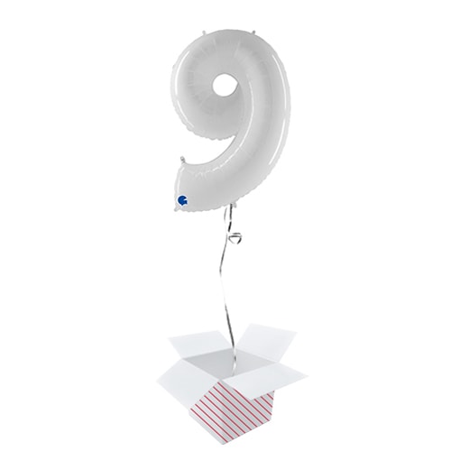 White Number 9 Helium Foil Giant Balloon  - Inflated Balloon in a Box Product Gallery Image