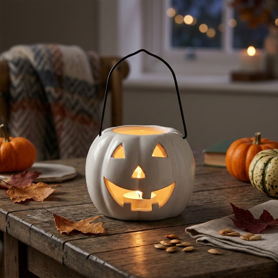 White Pumpkin Halloween Tea Light Ceramic Candle Holder with Handle 10cm