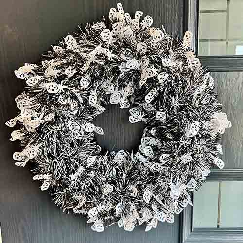 White Skeleton Halloween Tinsel Hanging Wreath Decoration 44cm Product Gallery Image