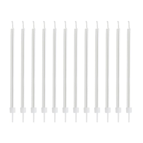 White Skinny Birthday Candles with Holders - Pack of 12