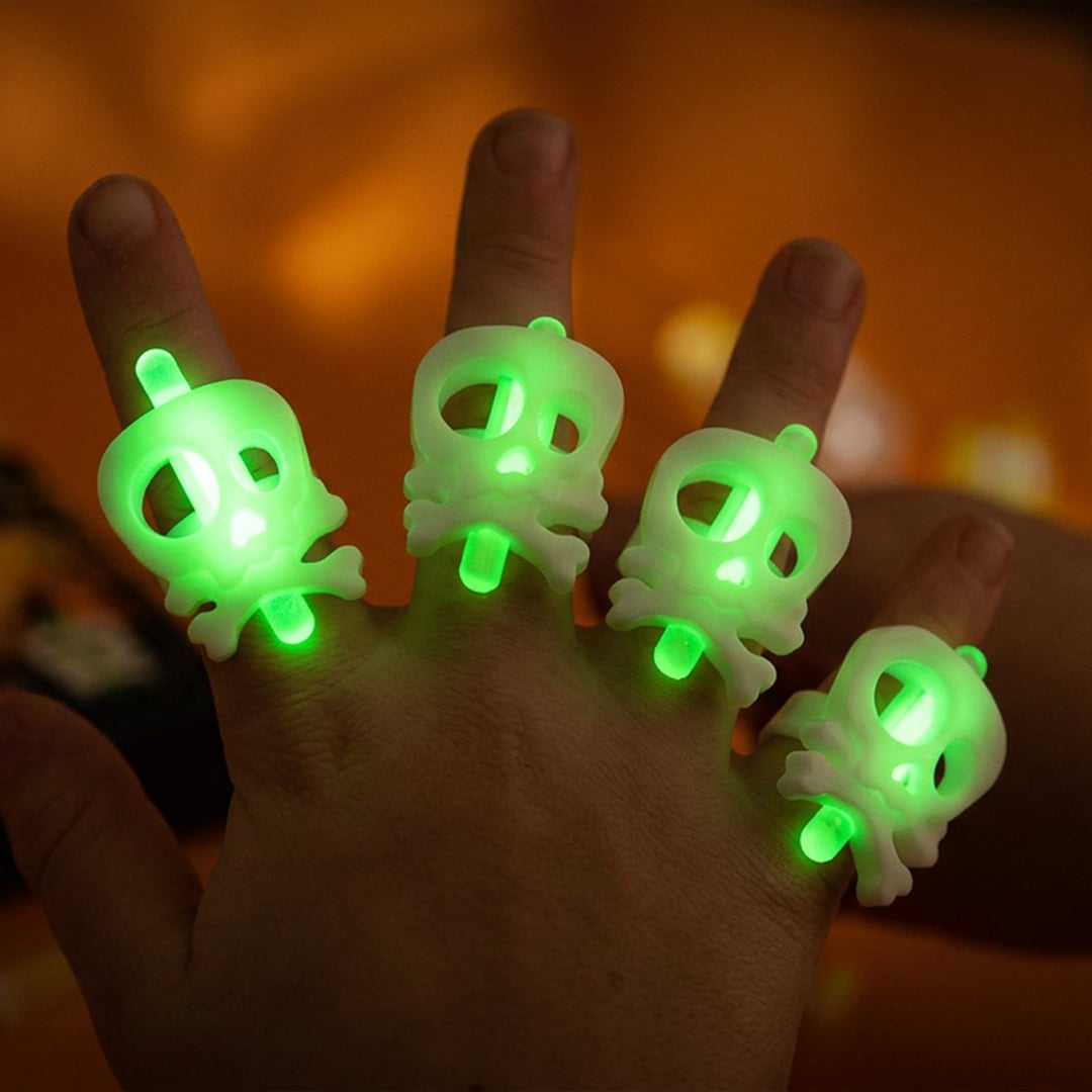 White Skull Hi-Glow Halloween Rings - Pack of 4