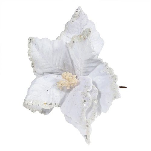 White Velvet Christmas Poinsettia with Glitter Detail Artificial Flower Decoration 32cm Product Image