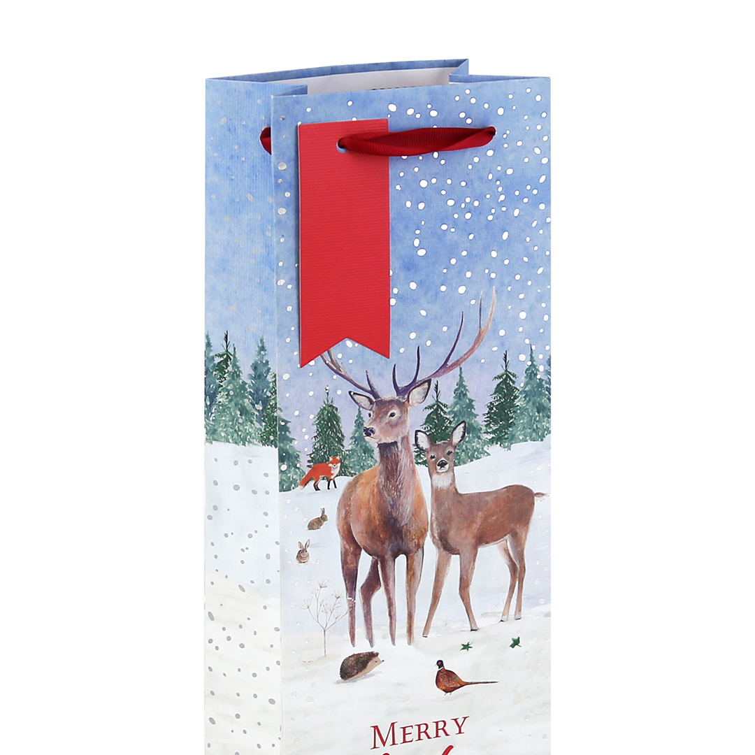 Winter Deer Christmas White Kraft Bottle Gift Bag 35cm Product Gallery Image