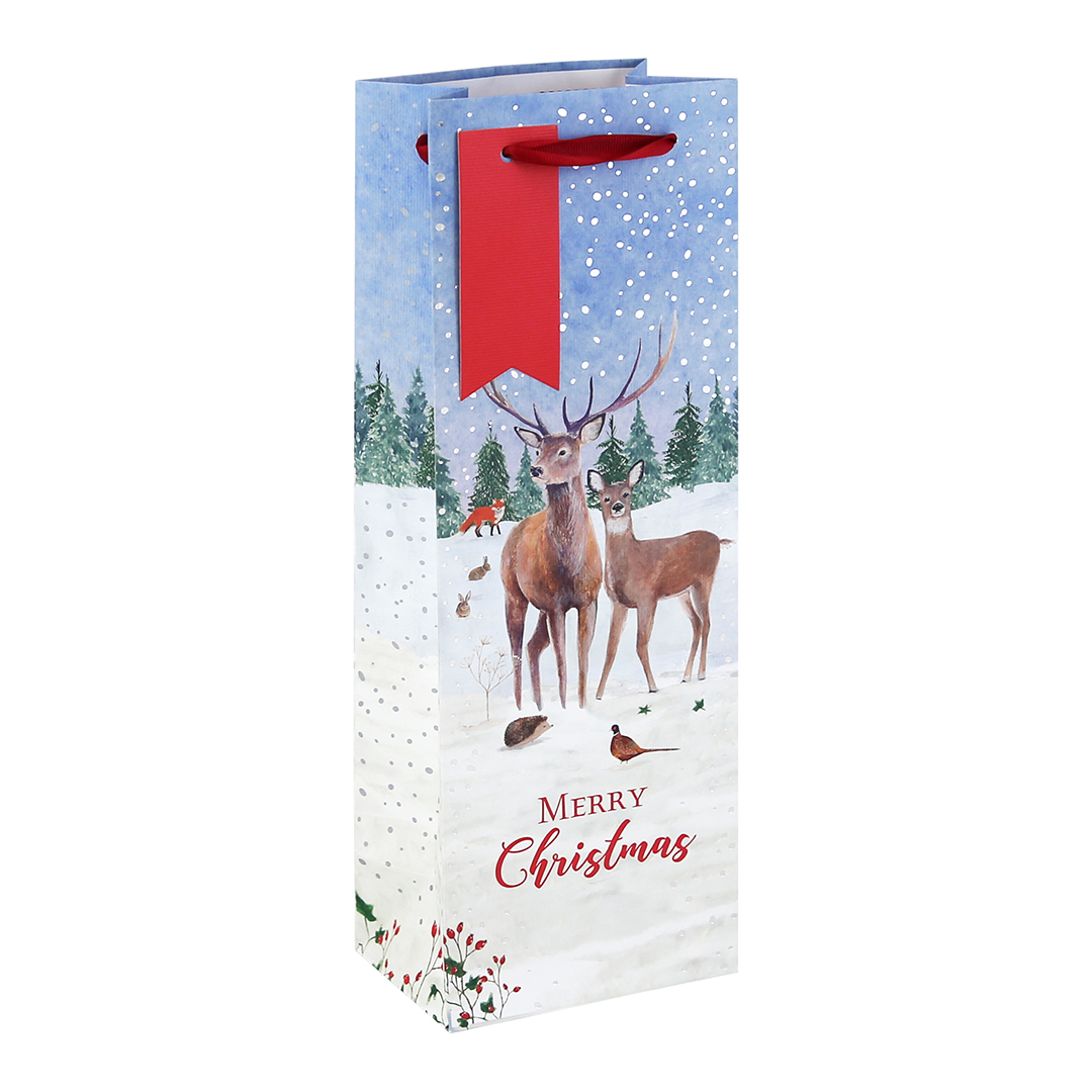 Winter Deer Christmas White Kraft Bottle Gift Bag 35cm