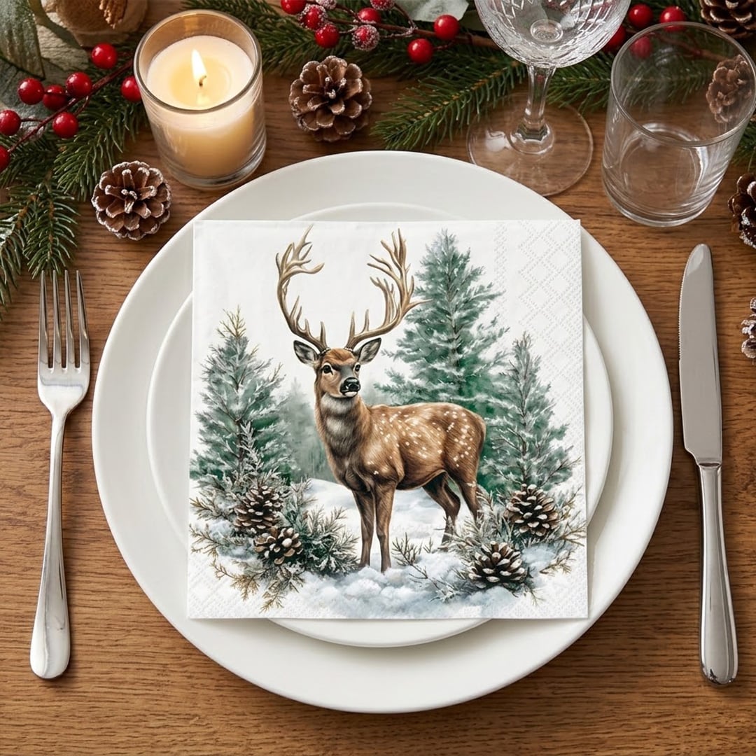 Winter Stag Christmas Paper Luncheon Napkins 3 Ply 33cm - Pack of 20