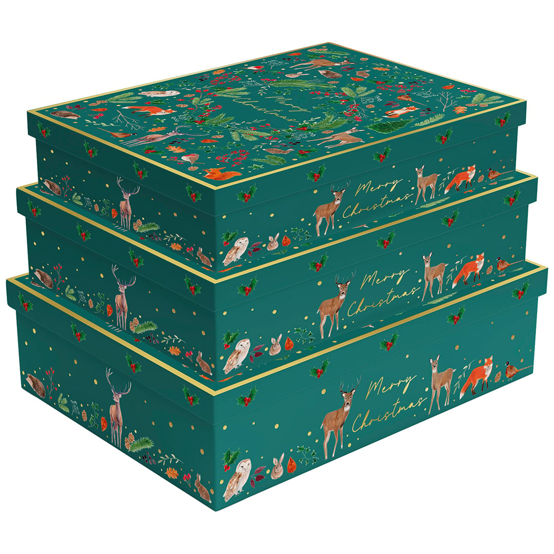 Woodland Animal Forest Green Christmas Stackable Gift Boxes - Pack of 3