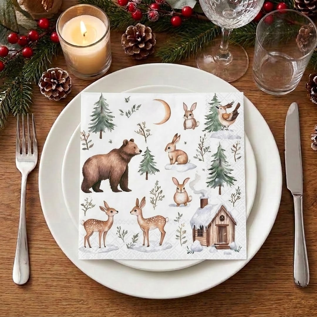 Woodland Animals & Nature Christmas Paper Luncheon Napkins 3 Ply 33cm - Pack of 20