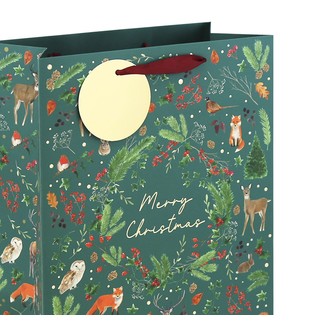Woodland Animals Embossed Christmas Large Forest Green Gift Bag 33cm Product Gallery Image