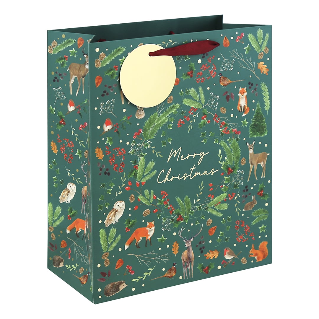Woodland Animals Embossed Christmas Large Forest Green Gift Bag 33cm