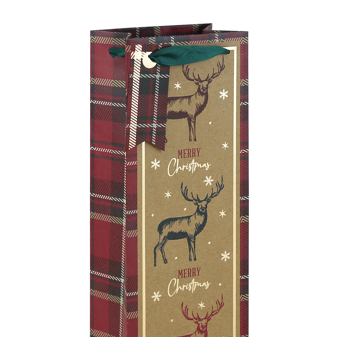 Woodland Stag Tartan Christmas Kraft Bottle Gift Bag 35cm Product Gallery Image