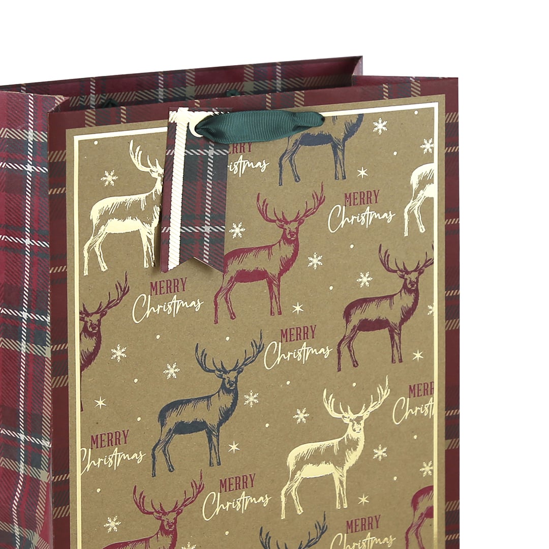 Woodland Stag Tartan Christmas Large Kraft Gift Bag 33cm Product Gallery Image