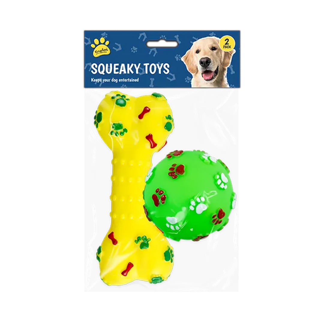 Yellow Bone & Green Ball Squeaky Dog Toys - Pack of 2