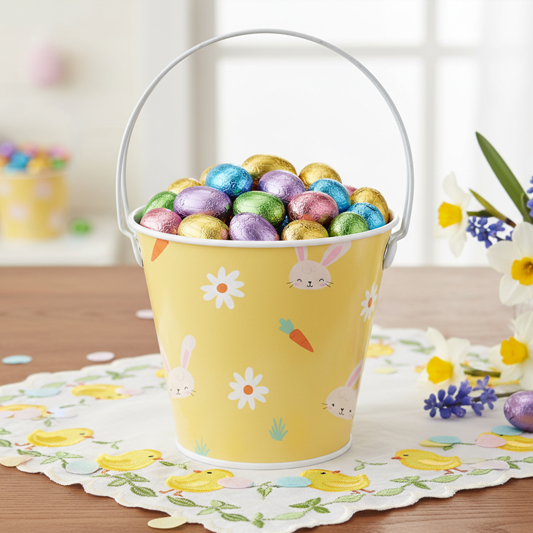 Yellow Bunnies and Carrots Easter Egg Hunt Tin Bucket 16cm