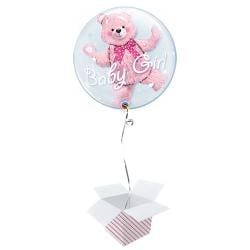 Baby Shower Pink Bear Baby Girl Double Bubble Helium Qualatex Balloon - Inflated Balloon in a Box