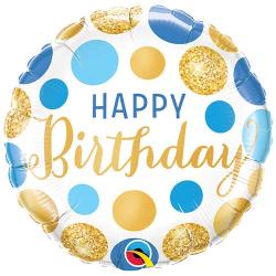 Birthday Blue & Gold Dots Round Foil Helium Qualatex Balloon 46cm / 18 in