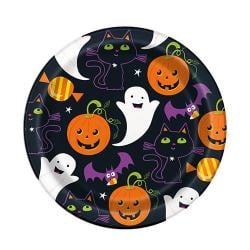 Cat & Pumpkin Halloween Round Paper Plates 18cm - Pack of 8