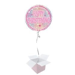 Pink Christening Holographic Round Foil Helium Balloon - Inflated Balloon in a Box