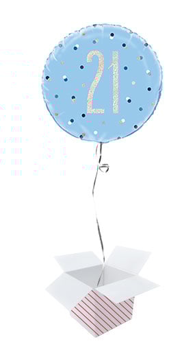 Blue Glitz Age 21 Holographic Round Foil Helium Balloon - Inflated Balloon in a Box