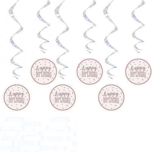 Rose Gold Glitz Happy Birthday Holographic Hanging Swirl Decorations - Pack of 6 Product Image