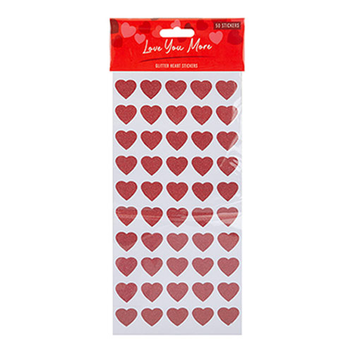 Red Glitter Heart Shape Valentine's Stickers - Pack of 50 | Partyrama