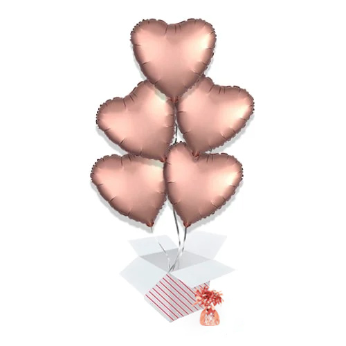 Rose Copper Satin Luxe Heart Foil Helium Balloon Bouquet - 5 Inflated ...