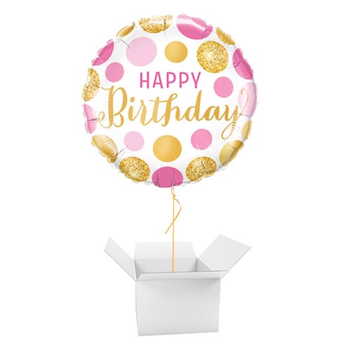 Happy Birthday Pink & Gold Dots Round Foil Helium Balloon - Inflated ...