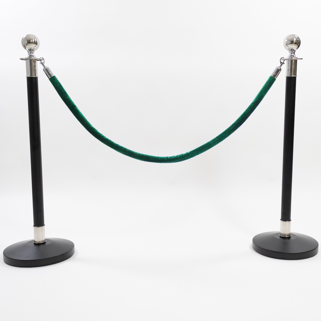 2 Silver Finish Black Stanchion Poles with 1 Dark Green Velvet Rope ...