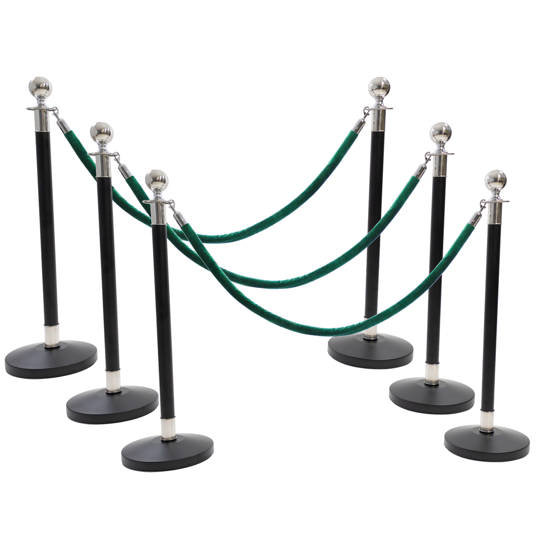 6 Silver Finish Black Stanchion Poles with 4 Dark Green Velvet Ropes ...